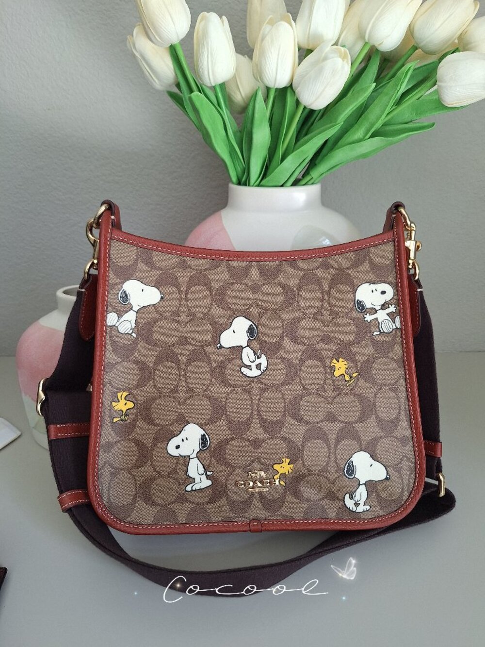 Coach X Peanuts Dempsey File Bag In Signature Canvas With Snoopy Woodstock Print